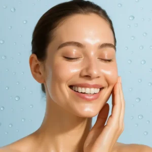 آبرسانی پوست صورت – زن با پوست شاداب و درخشان در نور طبیعی، مراقبت پوست و روتین آبرسانی