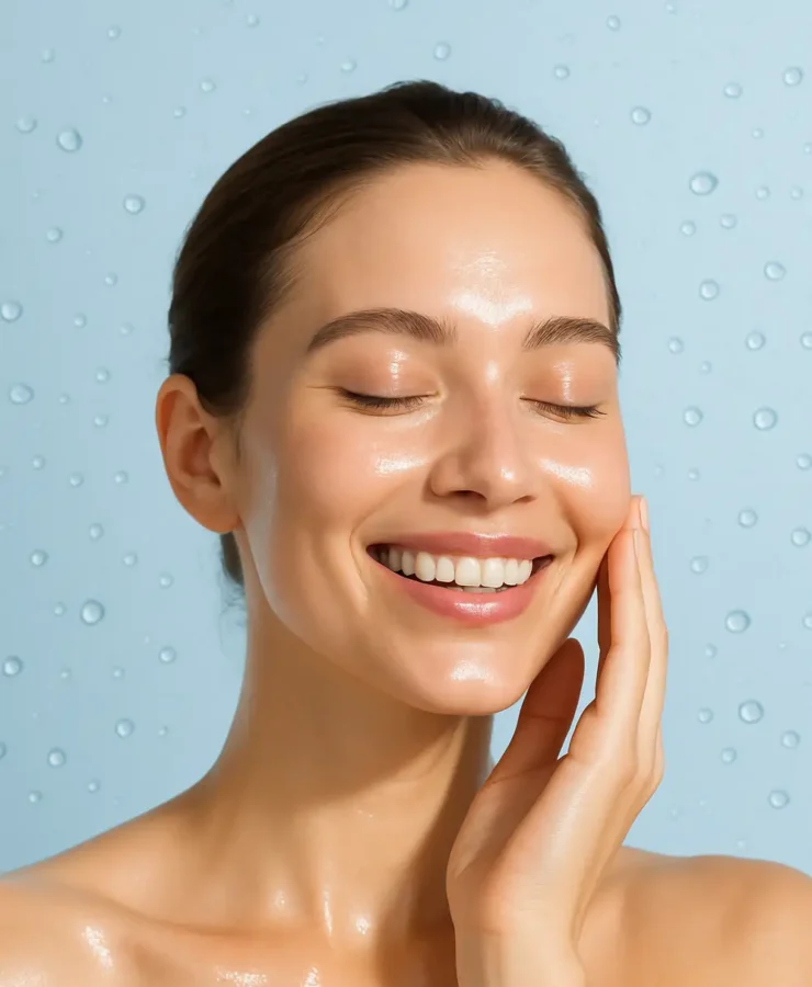 آبرسانی پوست صورت – زن با پوست شاداب و درخشان در نور طبیعی، مراقبت پوست و روتین آبرسانی