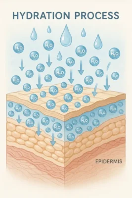 ساختار پوست و آبرسانی – تصویر علمی سه لایه پوست با نفوذ آب به اپیدرم، اهمیت رطوبت در پوست
