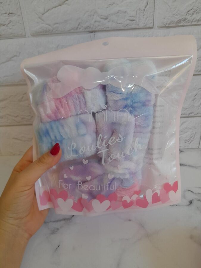 ست هدبند و مچ بند حوله ای طرح آبرنگی صورتی و آبی برای شستشوی صورت