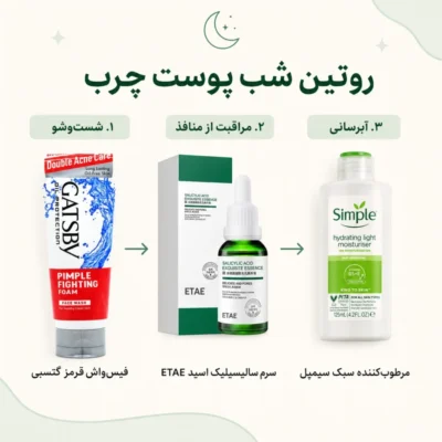 روتین شب پک ضد جوش پوست چرب با فیس واش گتسبی، سرم سالیسیلیک ETAE و آبرسان سیمپل